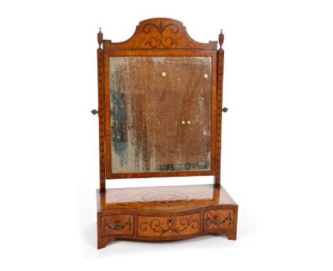 Good quality George III inlaid satinwood toilet mirror on serpentine fronted base with oval floral paterae and floral scrolls