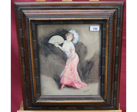 M. Woodward, watercolour - portrait of an Edwardian beauty with a plumed hat and fan, in wooden frame, 33cm x 27cm