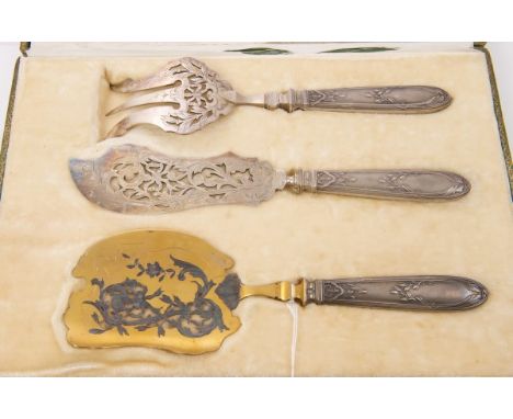 Early 20th century French fish serving set comprising fish knife and fork with pierced silver plated blades and silver handle