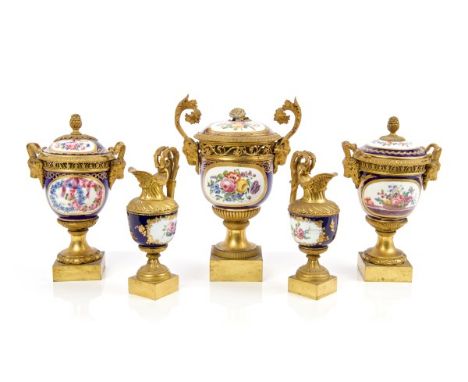 Fine quality garniture of early 19th century ormolu mounted Sèvres porcelain, finely painted with flowers and fruit, comprisi