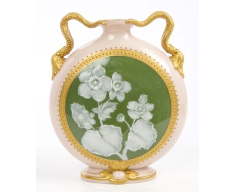 Late 19th century English porcelain moon flask, probably Graingers Worcester, circa 1890, with bifurcated gilt handles, centr