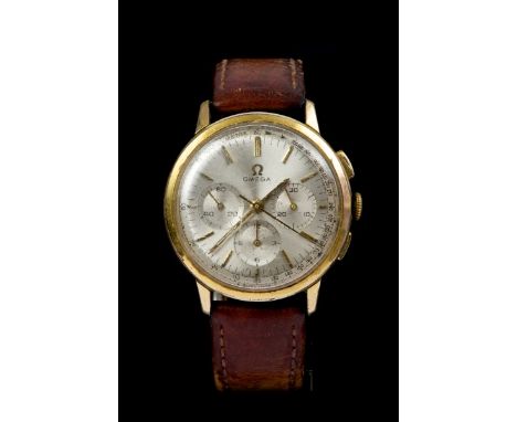 1960s gentlemen's Omega gold plated chronograph wristwatch with silvered dial, baton numerals with outer tachymeter scale, th