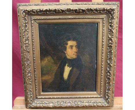 Early Victorian English School oil on panel - portrait of a gentleman in black coat, in gilt frame, 28cm x 22cm