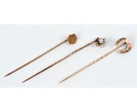 Victorian diamond and seed pearl cloverleaf-shape stick pin and two other Victorian stick pins