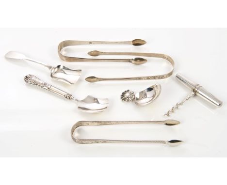 A selection of Georgian silver including pair George III silver sugar tongs with bright cut decoration (London 1804), Peter, 