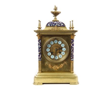 19th century mantel clock with French eight day movement striking on a gong, brass dial with individual painted Arabic numera