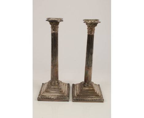 Pair tall George III silver Corinthian Column candlesticks with fluted columns, stepped bases and pierced capitals, detachabl