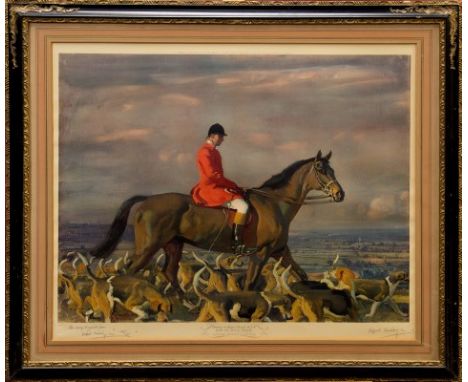 Sir Alfred James Munnings (1878 - 1959), signed coloured print - Portrait of Major J. Bouch, M.F.H., with the Belvoir Hounds,