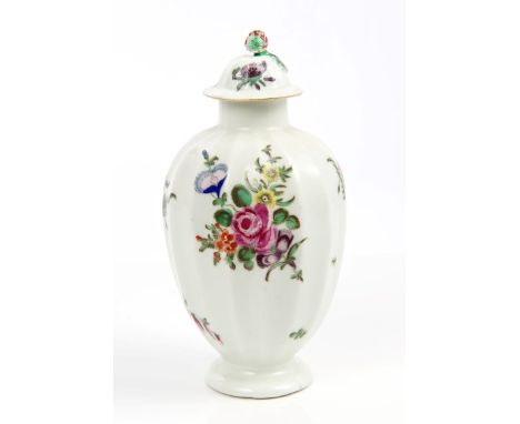 18th century Worcester tea caddy and cover of fluted form with domed cover with floral knop, polychrome painted with floral s