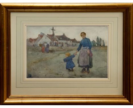 *William Lee Hankey (1869 - 1952), watercolour - figures at Etaples with cottages beyond, signed with monogram, in glazed gil