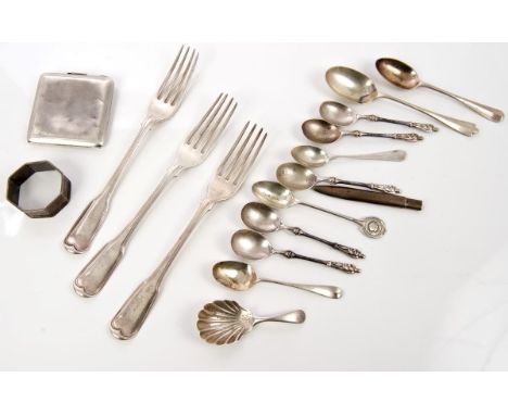 Selection of miscellaneous Georgian and later silver including three George III fiddle pattern table forks with engraved cres