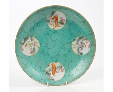 Interesting antique Chinese circular shallow dish, with circular panels depicting European figures and landscapes, against a 