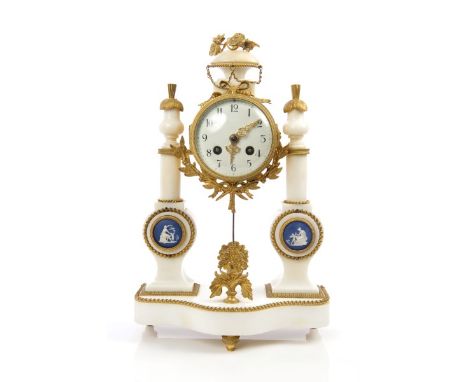 19th century mantel clock with French eight day movement no. 1210, striking on a bell, white enamel dial with Arabic numerals