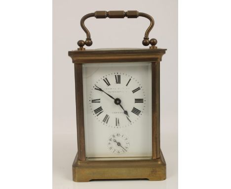 Late 19th century French carriage clock with eight day alarm movement with base mounted bell, cylinder escapement, back plate