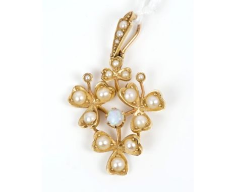 Edwardian opal and seed pearl pendant with three seed pearl clover leaves, centred by a single opal, in gold (15ct) setting, 