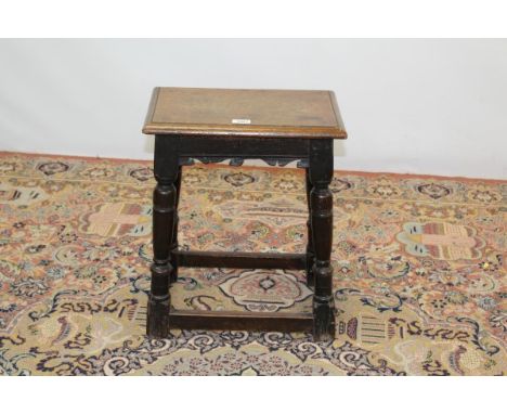 Antique oak coffin stool on turned and block legs joined by stretchers
