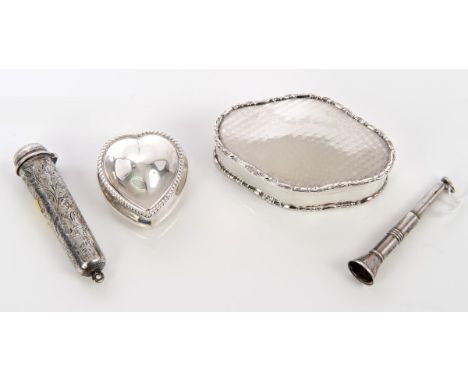 Selection of miscellaneous silver including Victorian heart-shaped trinket box (Birmingham 1899), late Victorian gold (9ct) m