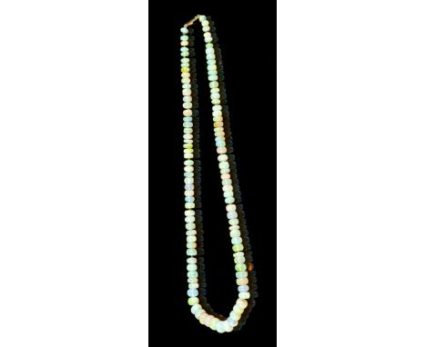 Opal bead necklace with a single string of graduated opal beads, on gold barrel-shape clasp, 43.5cm length