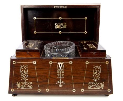 William IV rosewood and mother of pearl inlaid sarcophagus-shaped tea caddy, inlaid with squirrels, swan, birds on branches, 