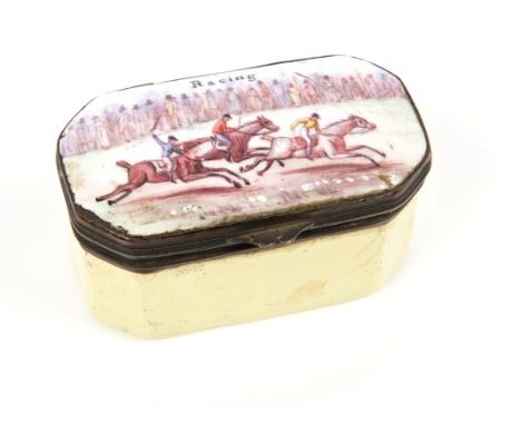 18th century Staffordshire enamel patch box of rectangular form, the top painted with a horse racing scene, entitled - 'Racin