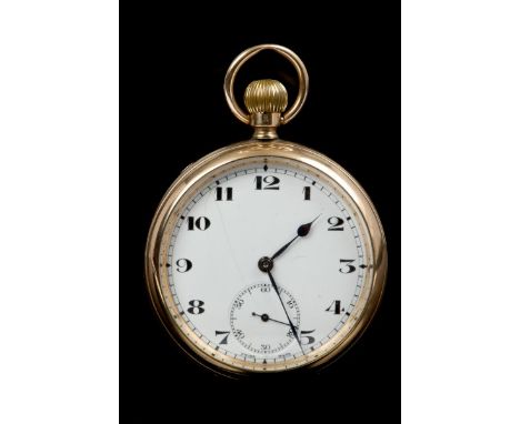 Gentlemen's gold (9ct) open face pocket watch with Swiss button-wind movement, the circular white enamel dial with subsidiary