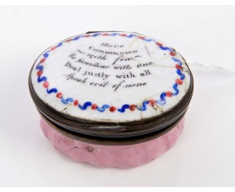 18th century Bilston enamel oval patch box with comical verse to lid, original interior mirror and fluted pink body, 4cm