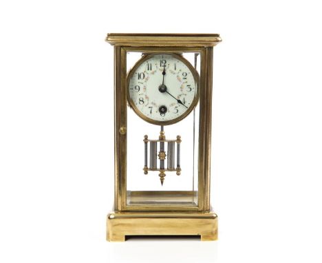 Unusually small late 19th century four glass mantel clock with spring-driven movement and compensating pendulum, enamel dial 