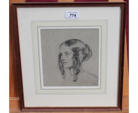 Three 19th century English School portraits - chalk and wash monochrome study of a lady, head and shoulder, pencil and waterc