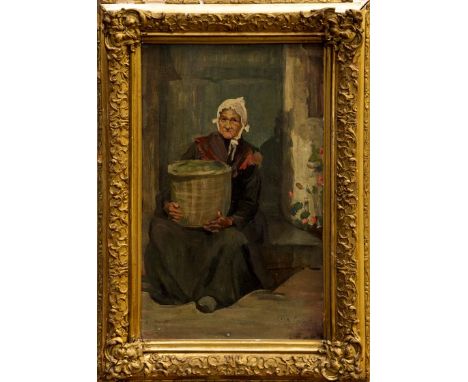 Ruth Garrett, Edwardian oil on panel - portrait of an elderly lady selling fish from a basket, signed and dated 1904 and insc