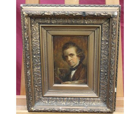 Victorian English School oil on board - portrait of an artist holding brushes, bearing handwritten label verso, in gilt frame