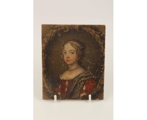 Mid-17th century English School miniature on paper laid on oak panel - portrait of a young noble woman wearing a pearl neckla