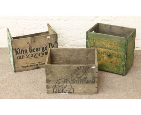 Three branded vintage beverage crates to include Corona, King George IV Old Scotch Whisky and John De Kuyper & Son Rotterdam.