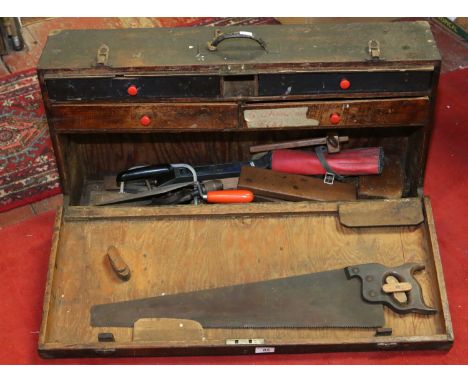A joiner's tool box and contents of tools along with a box of carpenter's tools including jack planes and tri planes, etc.