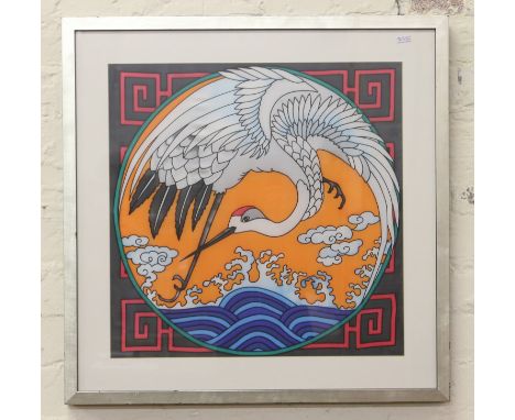 A Japanese framed silk print of a water bird.