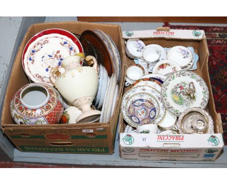 Two good boxes of miscellaneous ceramics and glassware to include pressed punch bowl and twelve glasses, decorative vases, Co