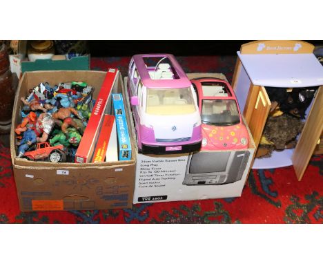 A box of childrens toys and games to include play figures, Matchbox and Corgi diecast vehicles, Barbie cars, VW Beetle and mi