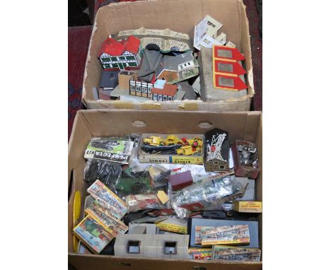 Two boxes and contents of various model railway accessories to include trackside buildings, scale models and spare parts, etc