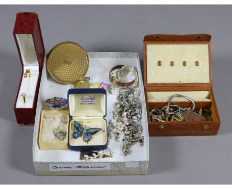 A small box of costume jewellery to include Ingersol fob watch, earrings, dragonfly and butterfly brooches and a Stratton com