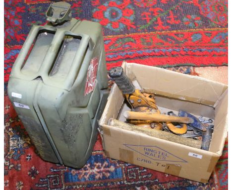 A jerry can and box of tools including a hoist, lump hammer, various spanners, etc.
