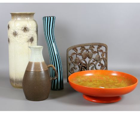 A West German art pottery vase along with a Wilkinson ceramic bowl and a pottery jug together with a studio art glass vase an