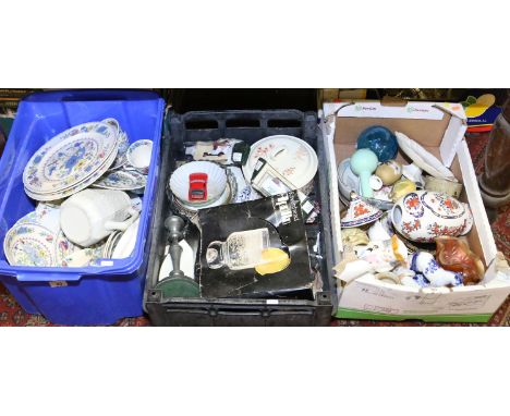 Three boxes of mixed china to include Poole and Wedgwood examples.