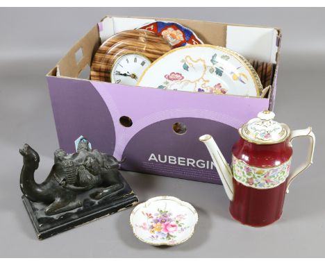 A box of ceramics to include Royal Crown Derby cabinet plates and coffee pot, along with two Japanese dishes and a quartz man