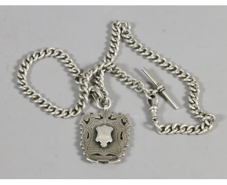 A silver double Albert chain with silver fob, 72 grams.