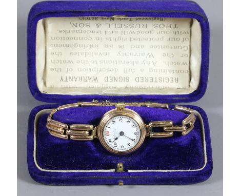 A ladies 9 carat gold cased manual bracelet wristwatch by Thos Russell & Son, Liverpool.