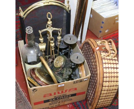 A box of miscellaneous to include basket ware picnic set, 4.5 litre Famous Grouse whisky bottle, brass helmet shaped coal buc