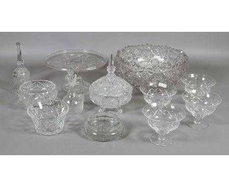 A collection of glassware to include lead crystal and cut glass dishes, fruit bowl, decanter etc.