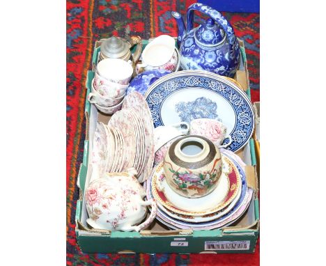 A box of ceramics to include blue and white dome top cheese dish and cover, Johnson rose chintz tea service,  Lindisfarne Gos