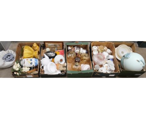 Five boxes of mixed china and glass, light fittings, glass light shades, Chinese vase, soft toys, horseshoes, etc. **PLEASE N