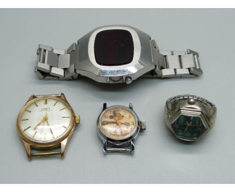 An Intax digital wristwatch, a Mickey Mouse wristwatch head, Limit watch head and a ring watch 