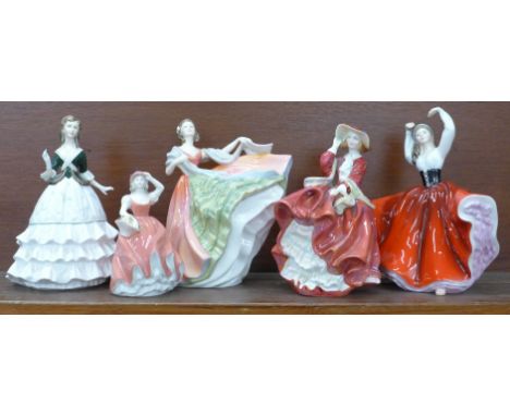 Five figures - three Royal Doulton, Top o' the Hill and Ann a/f, Royal Worcester and Coalport 